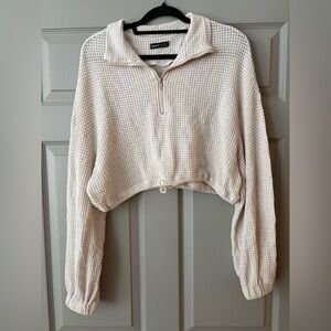 SHEIN Cream Quarter-Zip Waffle Knit Sweater